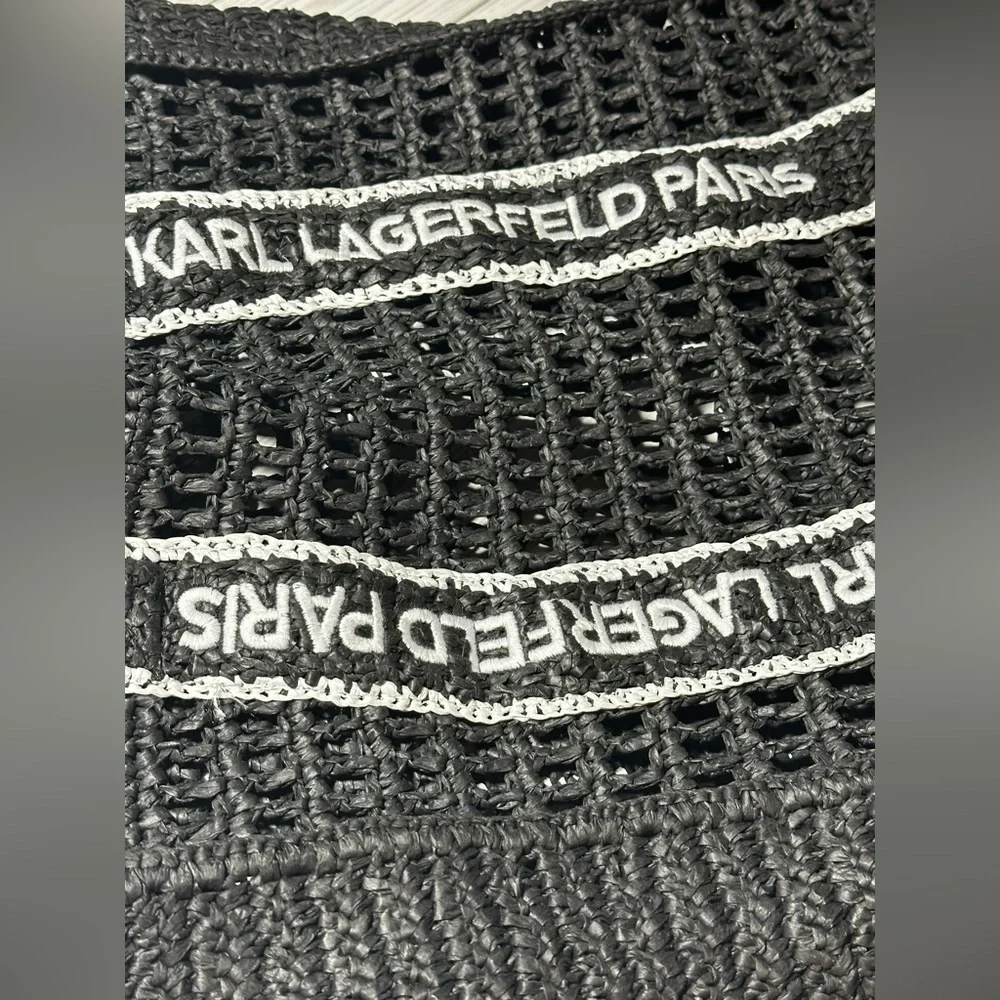 Karl Lagerfeld Paris Antibes Black Woven Straw Tote Bag Logo Straps - Picture 4 of 7